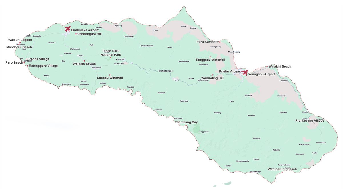 Map showing west to east route of 6-7 days Sumba island tour from Tambolaka to Waingapu